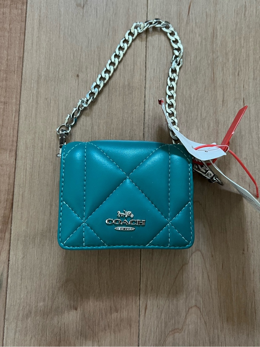 Coach chain puffy quilted pillow wallet mini bag turquoise